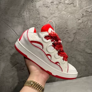 Lanvin Leather Curb Sneaker in White and Red - LV01